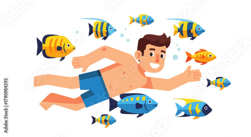 Joyful Swimmer Enjoying A Swim In Water Surrounded By Colorful Animated Fishes