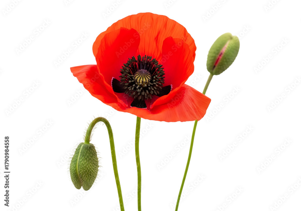 Obraz premium Vibrant red poppy flower with two buds isolated on transparent background