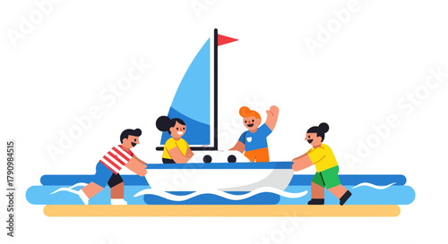Joyful Sailing Adventure: A Vibrant Illustration of People Enjoying Boat Trip Fun
