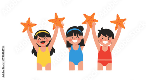 Joyful Trio Celebrating Beach Discovery, Starfish Triumph, Summer Vacation Fun
