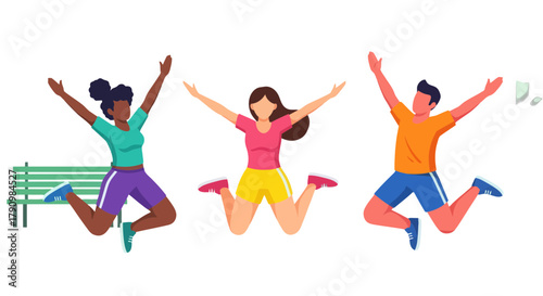 Joyful Trio Celebrating Success With Energetic Jumps Celebrating Together