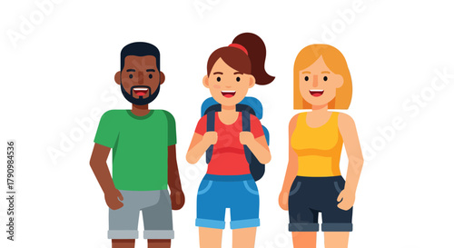 Joyful Trio Embarks on Adventure: Cheerful Smiles and Backpacks Ready