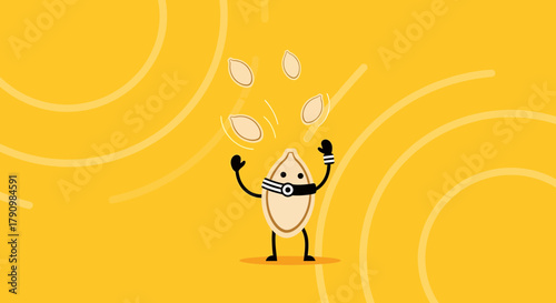 Joyful Seed Character Performing Acrobatic Juggling with Floating Seeds on Yellow Background