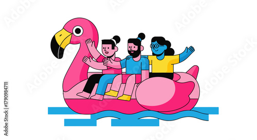 Joyful Trio Ride an Inflatable Flamingo in Playful Waters with Bright Colors
