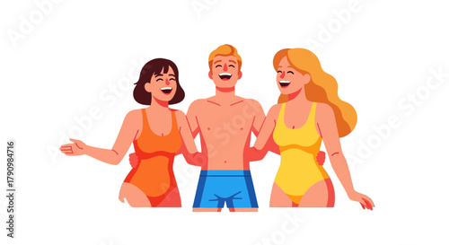 Joyful Trio: Three Friends Embrace with Laughter, Summer Fun and Cheerful Moments
