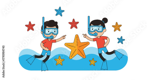 Joyful Snorkelers Discovering Wonders Underwater With Starfish And Sea Elements