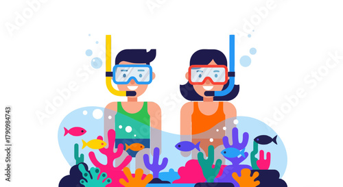 Joyful Snorkelers Exploring Marine Life in a Colorful Underwater Environment