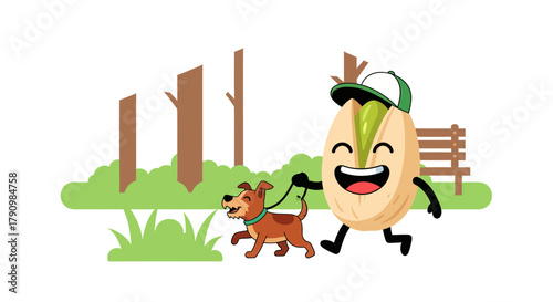 Joyful Walking: An Animated Pistachio Character Takes A Dog For A Walk In The Park