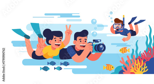 Joyful Snorkeling Adventure: Capturing Aquatic Wonders With Vivid Illustration