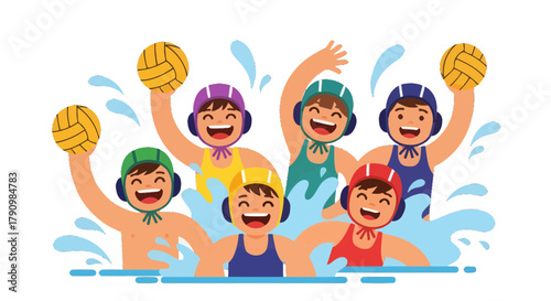 Joyful Water Polo Team Celebrating Goal In Lively Illustrated Presentation