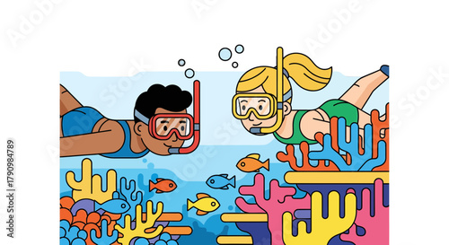 Joyful Snorkeling Adventure: Couple Exploring Vivid Underwater World with Marine Life