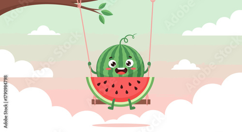 Joyful Watermelon Character Enjoying a Swing Ride in a Whimsical and Playful Illustration