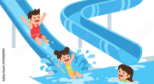 Joyful Summer Fun: Children Enjoying Water Slides, Creating Happy Memories