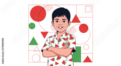 Joyful Young Person in Shirt with Watermelon Design and Geometric Background Artwork