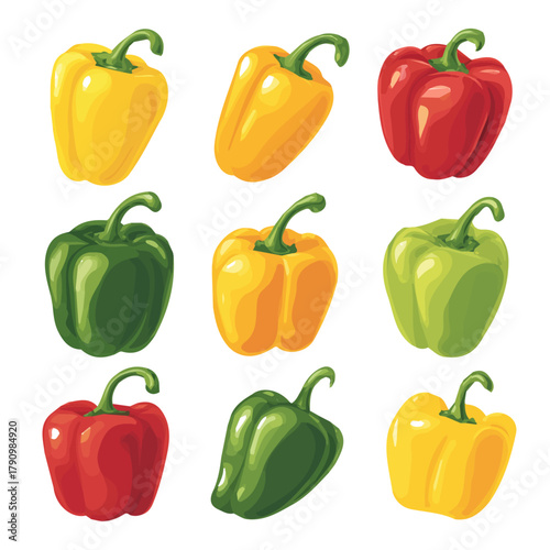 A simple EPS format illustration, vector, simple flat 2D icon, minimalist design, icon set, A Simple 2D Vibrant Tricolor Pepper illustration isolated on a white background, simple design set