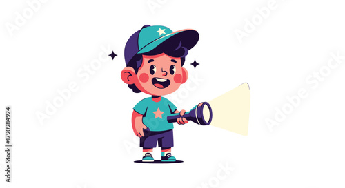 Joyful Young Explorer Illuminates Darkened Space With Flashlight In Hand