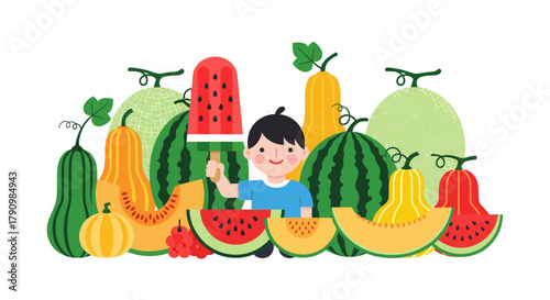 Joyful Summer Feast: A Colorful Array Of Refreshing Fruits With Adorable Child