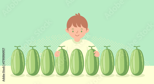 Joyful Youngster Displaying Many Melons in a Playful and Appetizing Garden Setting