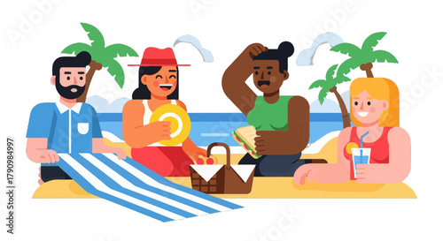 Joyful Summer Gathering: Friends Enjoying a Picnic and Beach Day Together