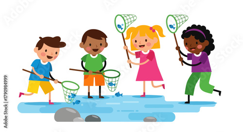 Joyful Youngsters Fishing Together On A Delightful Day Catching Playful Fish