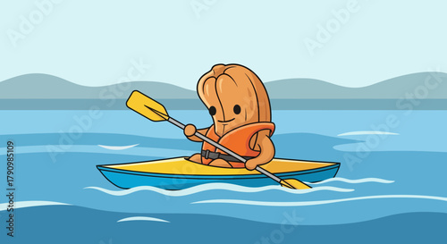Kayak Adventure: A Cheerful Character Paddling on a Summer Water Voyage