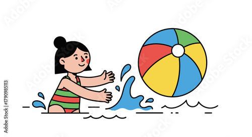 Joyful Summer Swim: Delightful Cartoon Girl Playing With a Colorful Beach Ball