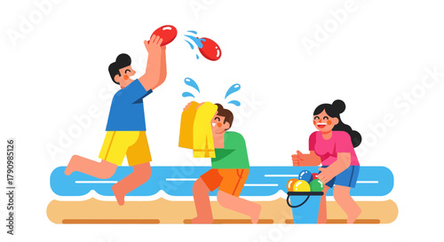 Joyful Summer Water Fight Illustration Depicting Friendships And Summer Fun Activities