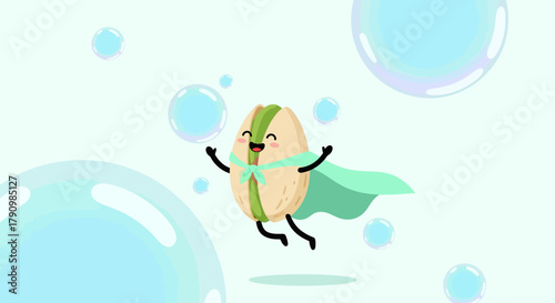 Joyful Superhero Pistachio Soaring Through Bubbles in an Uplifting and Cheerful Design