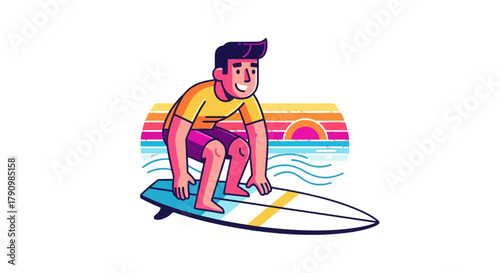 Joyful Surfer Carving Waves At Sunset Depicted In An Attractive Illustrative Style