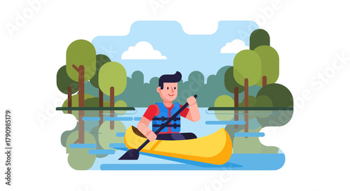 Kayak Adventure: An Enjoyable Voyage Across The Calm Water With Serene Landscape View