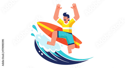 Joyful Surfer Enjoying Summer on A Surfboard, Splashing Through Waves Vector Illustration