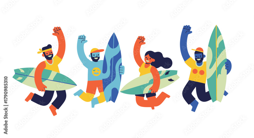 Naklejka premium Joyful Surfers Embracing An Exciting Water Adventure, Celebrating Success And Happiness