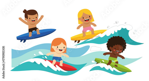 Joyful Surfers Embracing Oceanic Waves: A Colorful Celebration of Summer Adventure