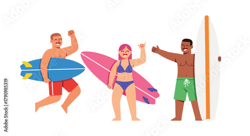 Joyful Surfers Embracing Sunshine and Waves for Summer Fun and Relaxation Moments