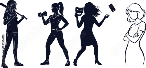 Silhouettes and line art of women with a baseball bat, dumbbells, mask, and phone Keywords: silhouette, woman, girl, baseball bat