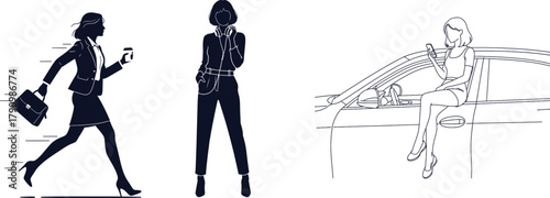 Silhouettes of business woman with coffee, woman with headphones, and woman by car on white background Keywords: woman, silhouette