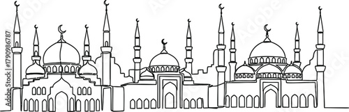 Intricate line drawing of a grand mosque with multiple domes and tall minarets