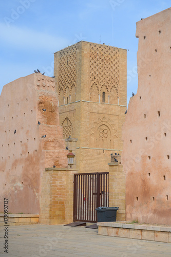Hassan Tower behind a fortress wall in Rabat, Morocco.