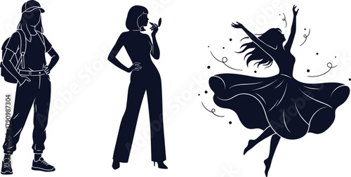 Silhouettes of Women in Various Activities: Traveling, Applying Makeup, and Dancing Keywords: silhouette, woman, female, travel