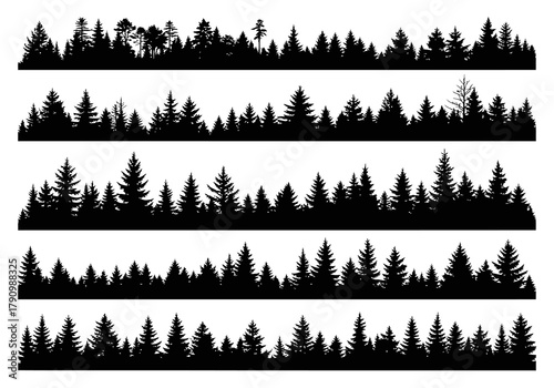 Silhouettes of coniferous trees forming a forest landscape design