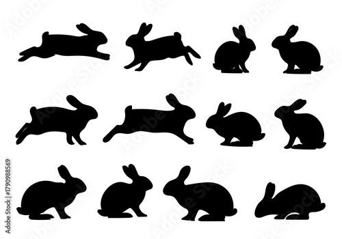 A collection of black silhouettes depicting various rabbit poses