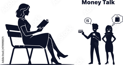 Woman Reading Book While Couple Discusses Money and Shopping on White Background silhouette