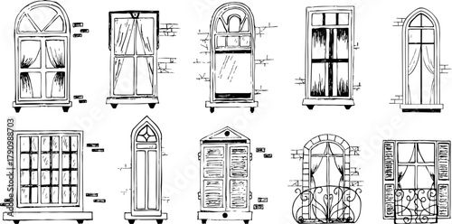 Set of 10 hand drawn vintage windows with curtains, shutters, and brick details. Black line art on transparent background, perfect for architecture and urban design