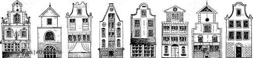 Set of hand drawn European city houses with vintage facades and windows. Black line art illustration on transparent background, perfect for travel or architecture design