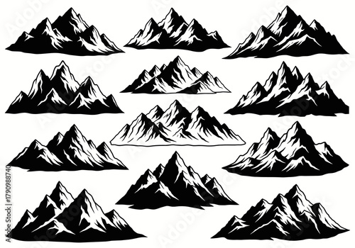 Black and white illustration of multiple jagged mountain peaks