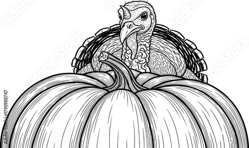Turkey in a Pumpkin Thanksgiving Celebration Line Art