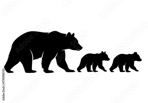 A silhouette of a bear mother and her two cubs walking