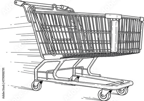 Dynamic retail concept with a rapidly moving shopping cart symbolizing efficiency and speed in consumer purchasing, representing quick service and modern commerce