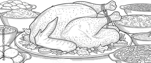 A detailed black and white illustration of a festive Thanksgiving dinner spread, featuring a roasted turkey centerpiece surrounded by various side dishes