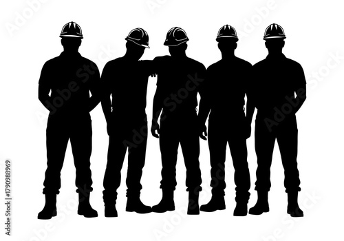 Silhouette of five construction workers standing in a row